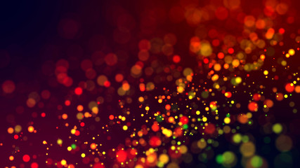 cloud of multicolored particles in the air like sparkles on a dark background with depth of field. beautiful bokeh light effects with colored particles. background for holiday presentations. 18