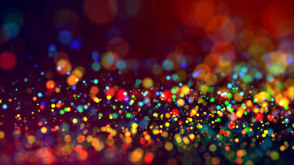 cloud of multicolored particles in the air like sparkles on a dark background with depth of field. beautiful bokeh light effects with colored particles. background for holiday presentations. 29
