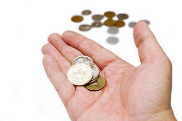 Japan Yen currency coins on hand with blurry coins isolate on white background and make with paths.