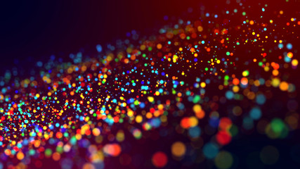 cloud of multicolored particles in the air like sparkles on a dark background with depth of field. beautiful bokeh light effects with colored particles. background for holiday presentations. 51