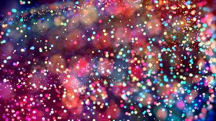 cloud of multicolored particles in the air like sparkles on a dark background with depth of field. beautiful bokeh light effects with colored particles. background for holiday presentations. 80