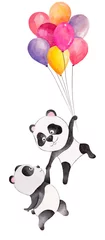 Wandaufkleber Tiere mit Ballon Nettes Aquarellpaar Pandas, die mit Ballonen fliegen. Handgezeichnete Illustration, kann für Kinder- oder Babyhemddesign, Modedruckdesign verwendet werden. Glückwunschkarte zum Geburtstag
