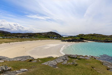 The view across Achmelvich beach from the headland beside the beach, Lochinver, Scotland, UK