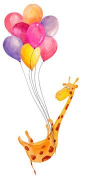 Cute watercolor giraffe flying with balloons. Hand drawn illustration, can be used for kid's or baby's shirt design, fashion print design. Happy birthday greeting card