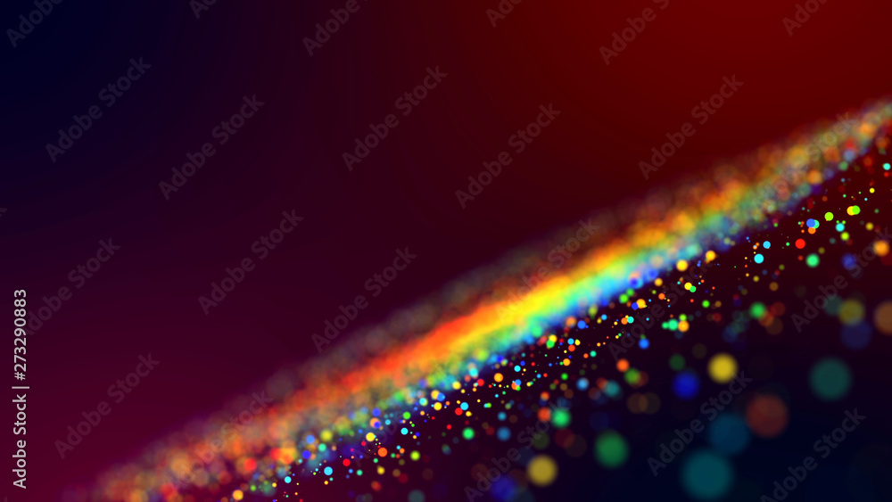 Poster cloud of multicolored particles in the air like sparkles on a dark background with depth of field. b