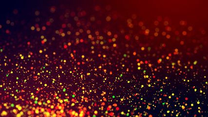 cloud of multicolored particles in the air like sparkles on a dark background with depth of field. beautiful bokeh light effects with colored particles. background for holiday presentations. 112