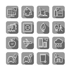 Eco-friendly technology, icons, line drawing, set, vector. Environmentally friendly production of electricity, fuel and food. Future technology. Icon set.