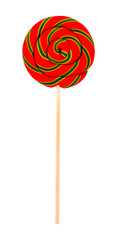 The close up of colorful, handmade swirl lollipop isolated on white background