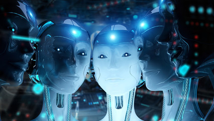 Group of female robots close to each others cyborg army concept 3d rendering