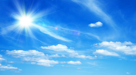 Naklejka na ściany i meble Sunny background, blue sky with white clouds and sun, 3D illustration.