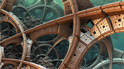 Abstract background, fantastic 3D structures, fictional sci fi background.