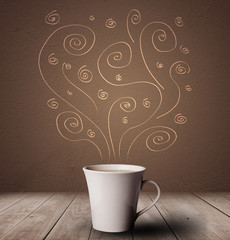 Steaming warm drink decorated with doodle line art
