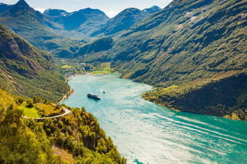 Fjord Geirangerfjord with cruise ships, Norway.