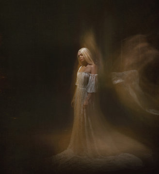 Fantasy woman Slave, servant darkness Queen albino. Fairy blonde girl ghost walk float in dark black room. white vintage dress gothic art photo Lady sorceress magician. Mary Magdalene. Dead bride 