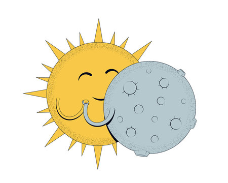 Solar eclipse. Sun and Moon dance. Funny cartoon character. Vector illustration