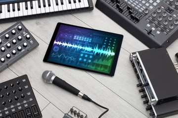 Music instruments and tablet with recording sound concept
