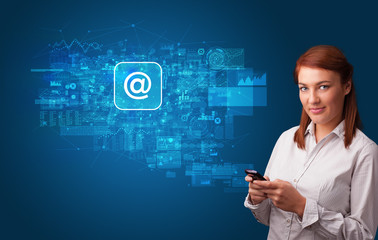 Young person using phone with mail and online communication concept
