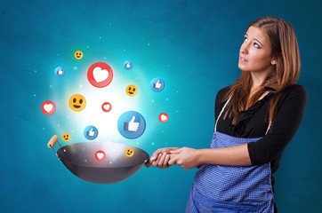 Young happy person cooking social media concept in wok
