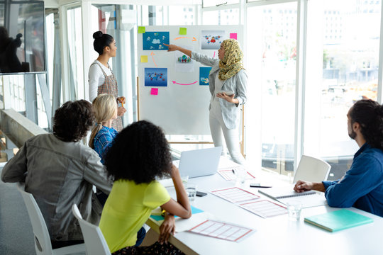 Businesswoman in hijab giving presentation on flip chart during meeting in a modern office