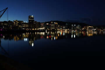 Wellington city at night with light reflection