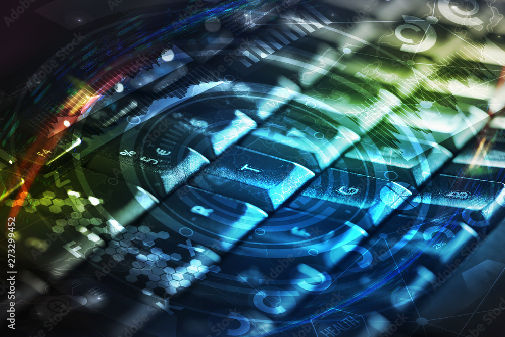 Poster close-up dark keyboard with cyber security concept