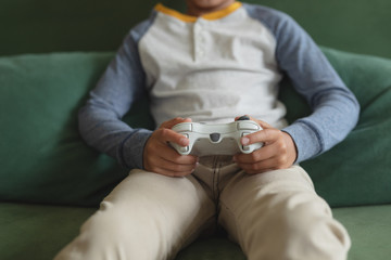 Fototapeta na wymiar Boy playing video game in living room at home