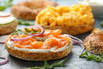 Healthy Bagels breakfast sandwich with salmon, scrambled eggs, vegetables and cream cheese