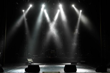 Fototapeta scene, stage light with colored spotlights and smoke obraz