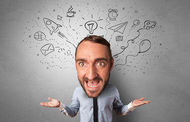 Full  big head on small body with icons and symbols around
