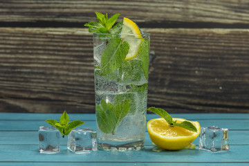Clear water in glass with green mint leaves and ice cubes
