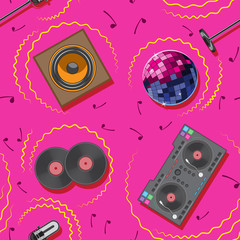 Cotton fabric seamless pattern DJ karaoke microphone mixer speaker musical note vinyl disco ball