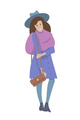Girl in a hat, blue coat with a handbag, autumn