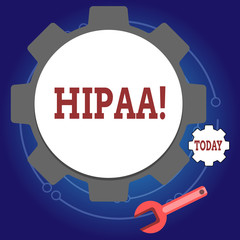 Writing note showing Hipaa. Business photo showcasing Health Insurance Portability and Accountability Act Healthcare Law Wheel Gear and Wrench Mechanical Tool for SEO and Web Icon.