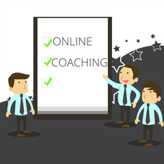 Handwriting text writing Online Coaching. Concept meaning Learning from online and internet with the help of a coach Business People Colleagues Discuss Missions Presentation Whiteboard Ticks.