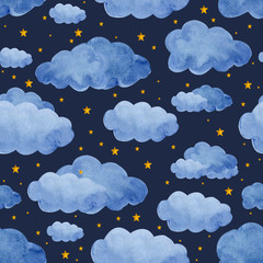 Watercolor clouds seamless pattern with stars. Perfect for wrapping paper, kids textil. isolated on dark background.