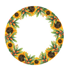 Watercolor colorful hand painted frame with sea buckthorns, sunflowers with white background. Perfect for invintation and greeting cadrs. Place your text in the center.