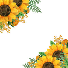 Beautiful frame with sunflowers,leaves,branches and ferns. Watercolor illustration for your design. Perfect for wedding,invitation,template card,Birthday,textile.