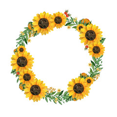 Watercolor hand painted wreath with sunflowers,leaves,branches, rosehip berries and place for your text. Perfect for wedding invintations or greeting cards,print, textile