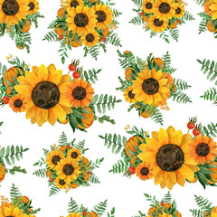 Beautiful watercolor seamless pattern  with sunflowers,leaves,branches,ferns, rosehip berries.  Perfect for wedding,invitation,template card,Birthday,textile.