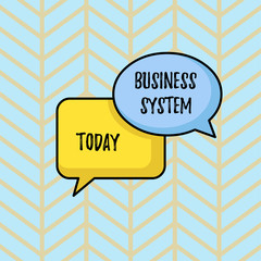Writing note showing Business System. Business photo showcasing A method of analyzing the information of organizations Pair of Overlapping Blank Speech Bubbles of Oval and Rectangular Shape. © A