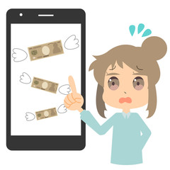 スマホでお金を使い過ぎた女性のイラスト