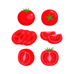 Fototapeta premium Set of different tomatoes isolated on background. Tomato Vector illustration. Whole, sliced, quarter, half of a tomato fruit