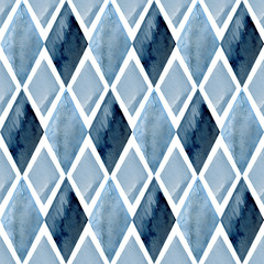 Seamless watercolor pattern with navy blue shapes, rhombes. Watercolor background on white. Can be used like wrapping paper.