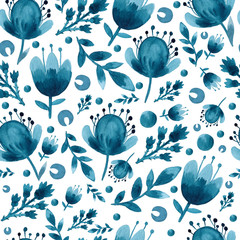 Seamless repeat watercolor pattern with flowers and leaves in blue on white background. Hand drawn fabric, gift wrapping paper, wall art design or furniture.
