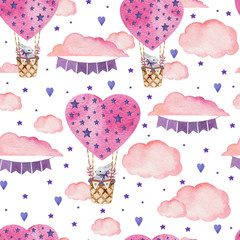 Watercolor seamless pattern with pinky clouds, hot air ballons, bunny, hearts, flag garlands. Perfect for kids textile, wrapping paper or wallpaper.