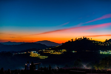 A Tranquil Scenic Landscape of Beautiful Sunset with the Resort Camping at Mon Jam, Chiang Mai, Thailand.