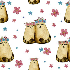 Watercolor pattern with cute cats and flowers on white background. Perfect for textile or wrapping paper.