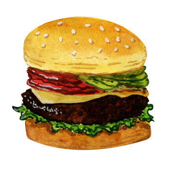 Fast food, tasty burger isolated, watercolor illustration, isolated on white background.
