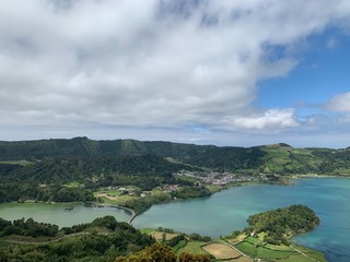 Fototapeta premium Mountain landscape with lakes on São Miguel island, Azores, Portugal near Sete Cidades