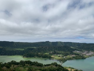 Fototapeta na wymiar Mountain landscape with lakes on São Miguel island, Azores, Portugal near Sete Cidades